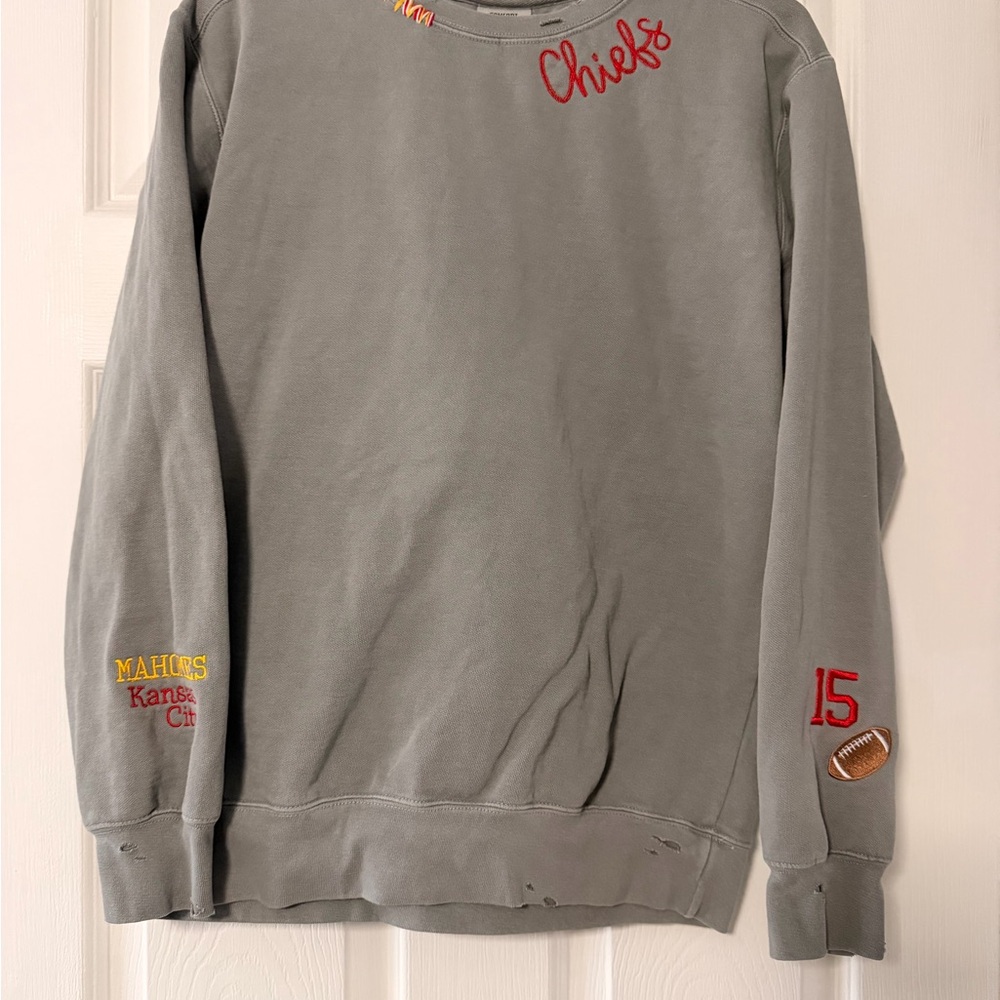 Comfort Colors Gray Crewneck with Red Embroidered Accents